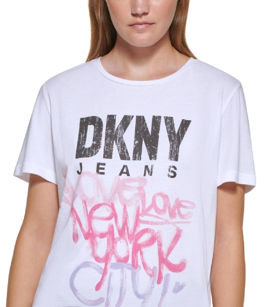 Camiseta feminina DKNY com logo Graffiti, branca, tamanho médio