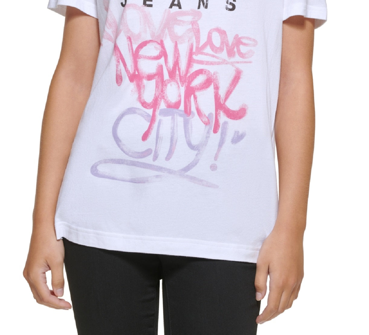 Camiseta feminina DKNY com logo Graffiti, branca, tamanho médio