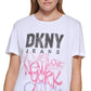 Camiseta feminina DKNY com logo Graffiti, branca, tamanho pequeno