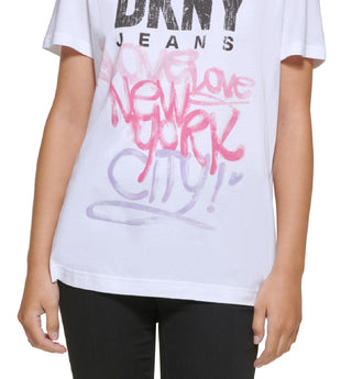 Camiseta feminina DKNY com logo Graffiti, branca, tamanho pequeno