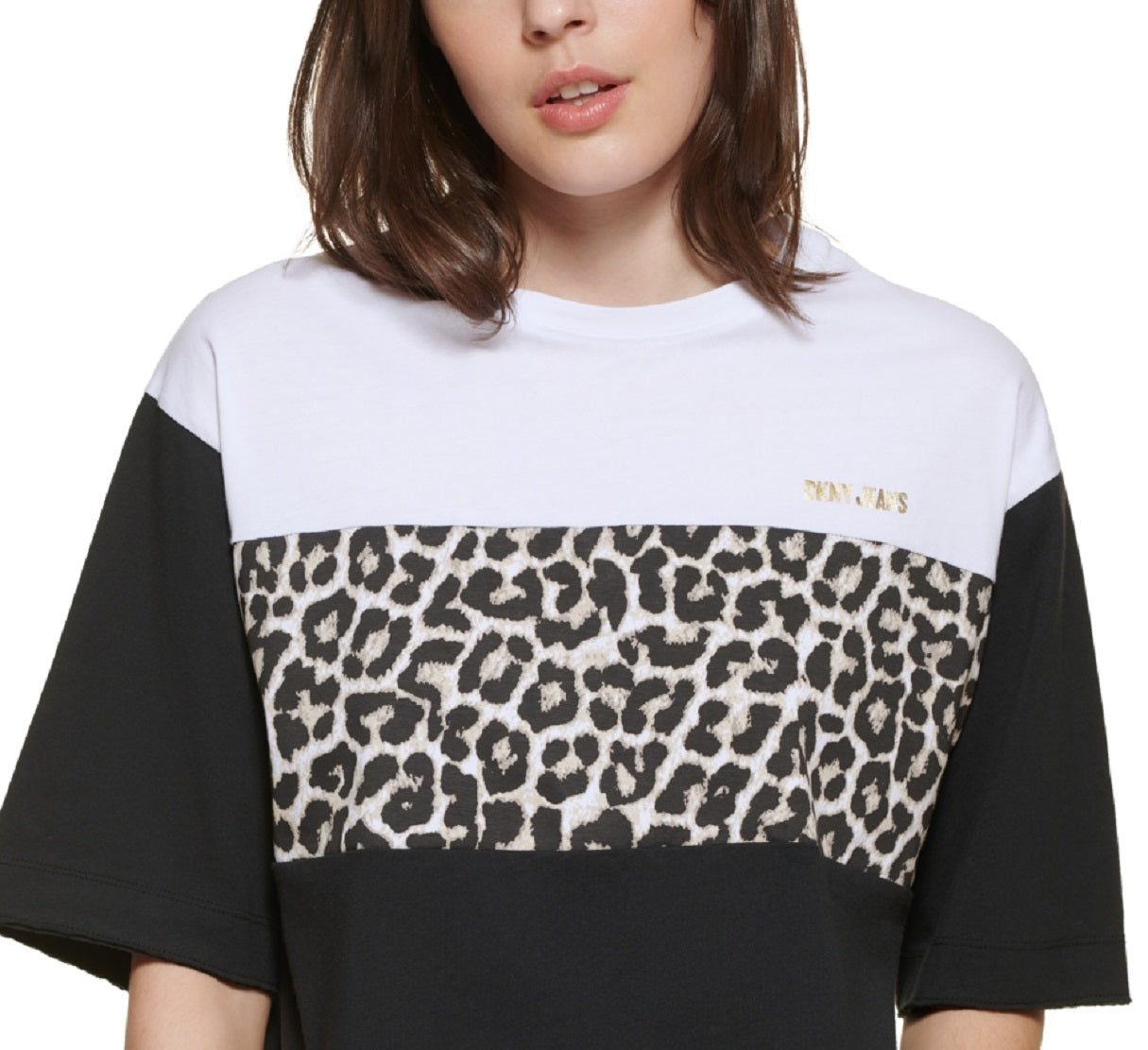 Camiseta feminina DKNY com estampa de leopardo e manga curta, tamanho P, branca