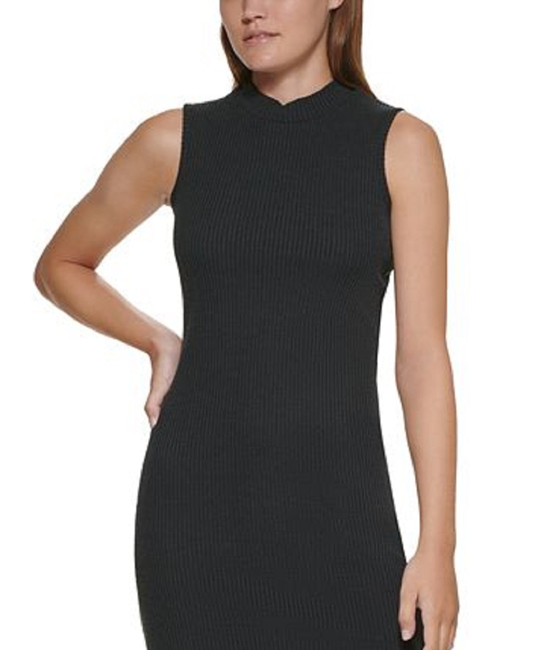 Vestido feminino DKNY sem mangas com decote falso, preto, tamanho médio