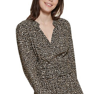 Vestido feminino DKNY com estampa de leopardo e decote dividido, preto, tamanho pequeno