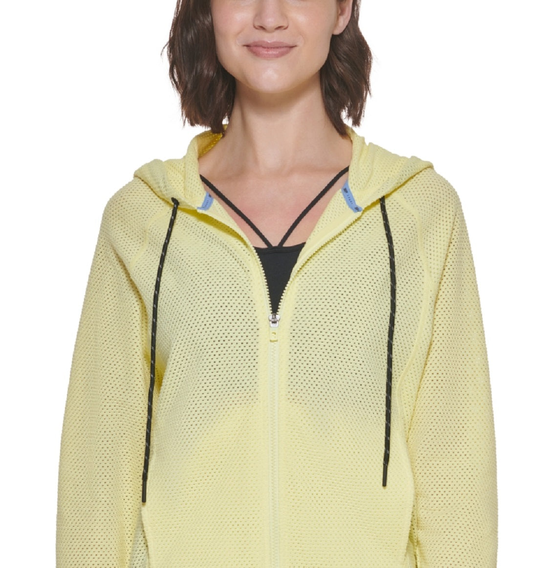Moletom com capuz feminino DKNY Sprint Mesh Relaxed Full Zip, amarelo, tamanho grande