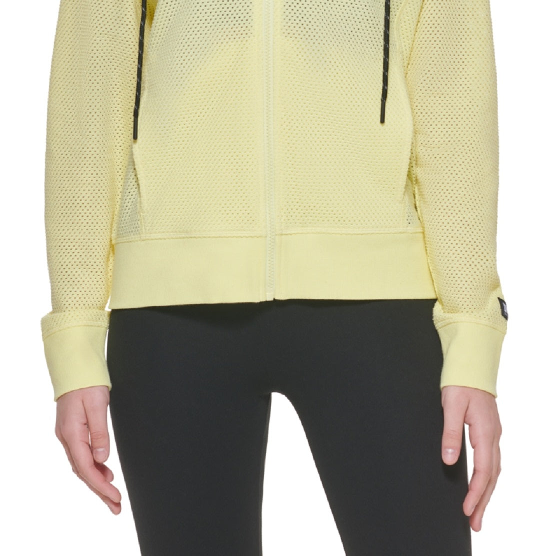 Moletom com capuz feminino DKNY Sprint Mesh Relaxed Full Zip, amarelo, tamanho grande
