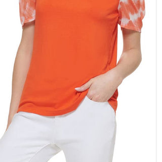 DKNY Women's Mixed Media Print Puff Sleeve Top Orange Size Medium