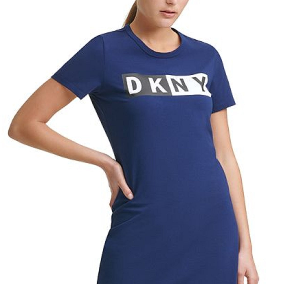 Vestido camiseta feminino DKNY com logotipo de algodão azul, tamanho grande