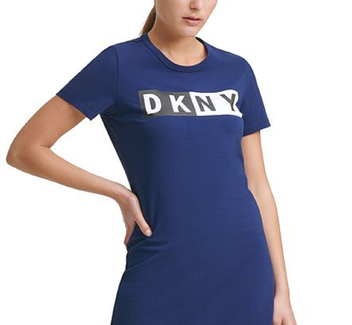 Camiseta feminina DKNY com logo de algodão, azul, tamanho médio