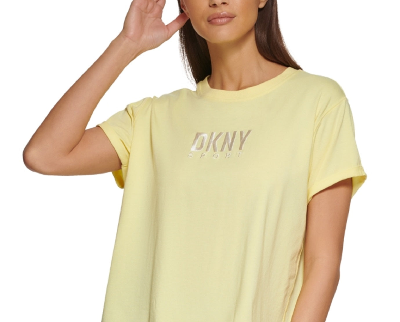 Camiseta feminina DKNY de algodão com logotipo bordado, amarela, tamanho grande