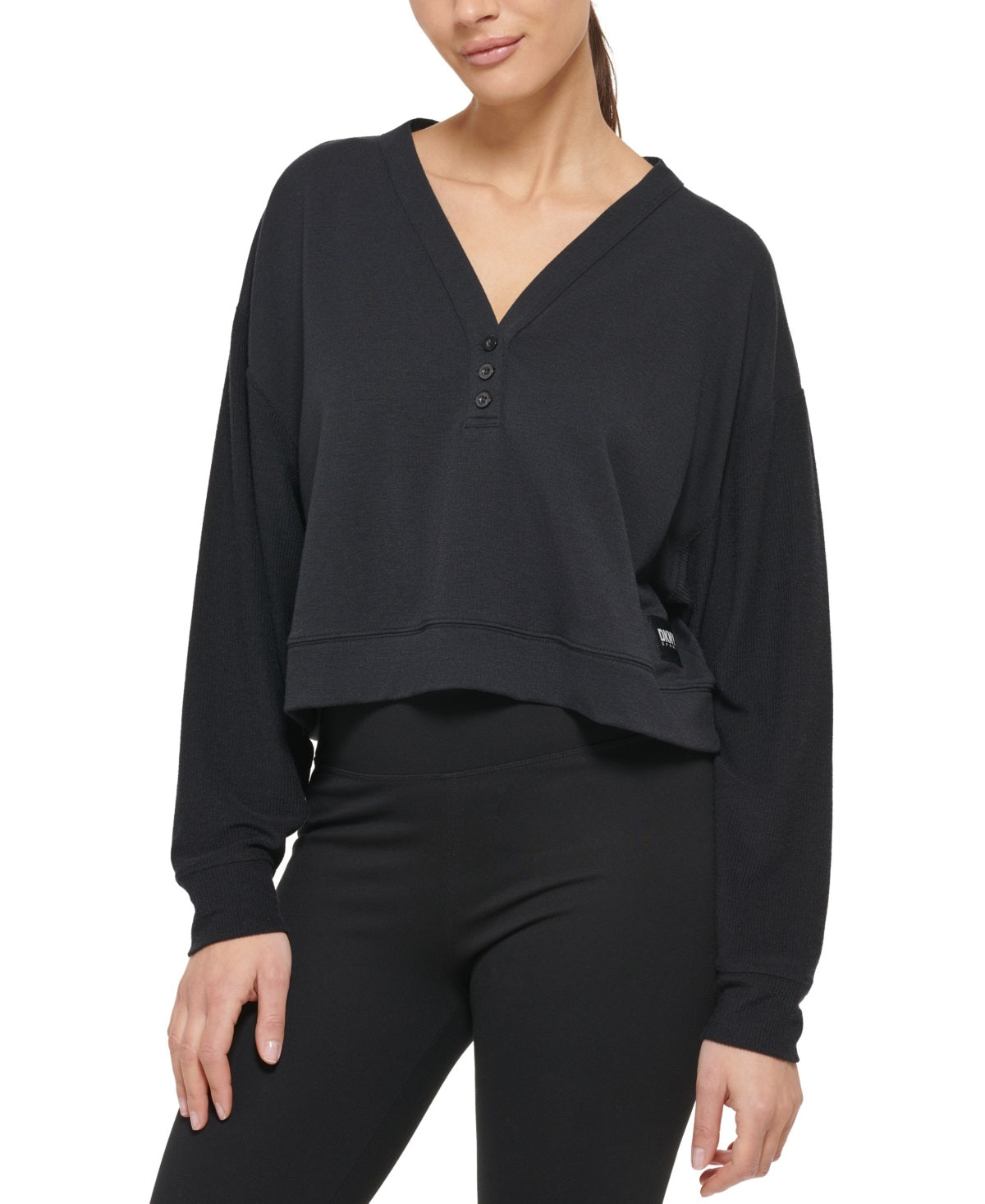 Moletom curto DKNY Henley Lounge feminino, preto, tamanho médio