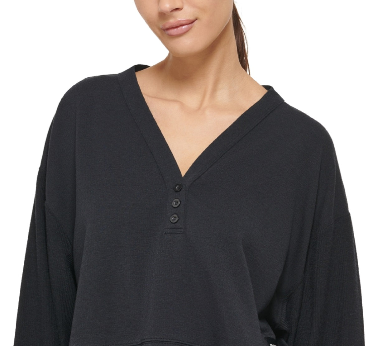 Moletom curto DKNY Henley Lounge feminino, preto, tamanho médio