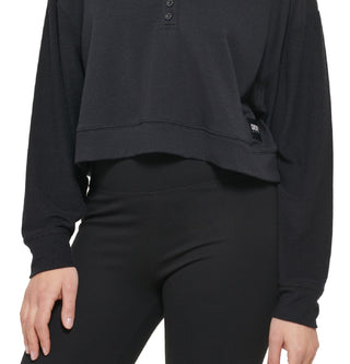 Moletom curto DKNY Henley Lounge feminino, preto, tamanho médio