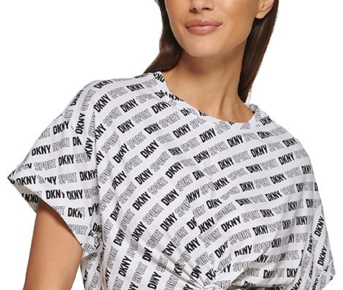 Camiseta feminina DKNY com estampa de logotipo Outline, curta e quadrada, branca, tamanho pequeno