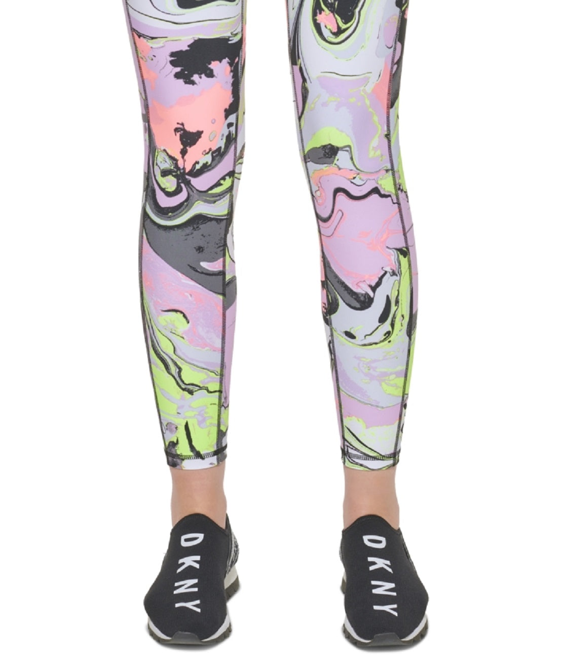 Leggings femininas estampadas DKNY de cintura alta 7/8 rosa tamanho médio