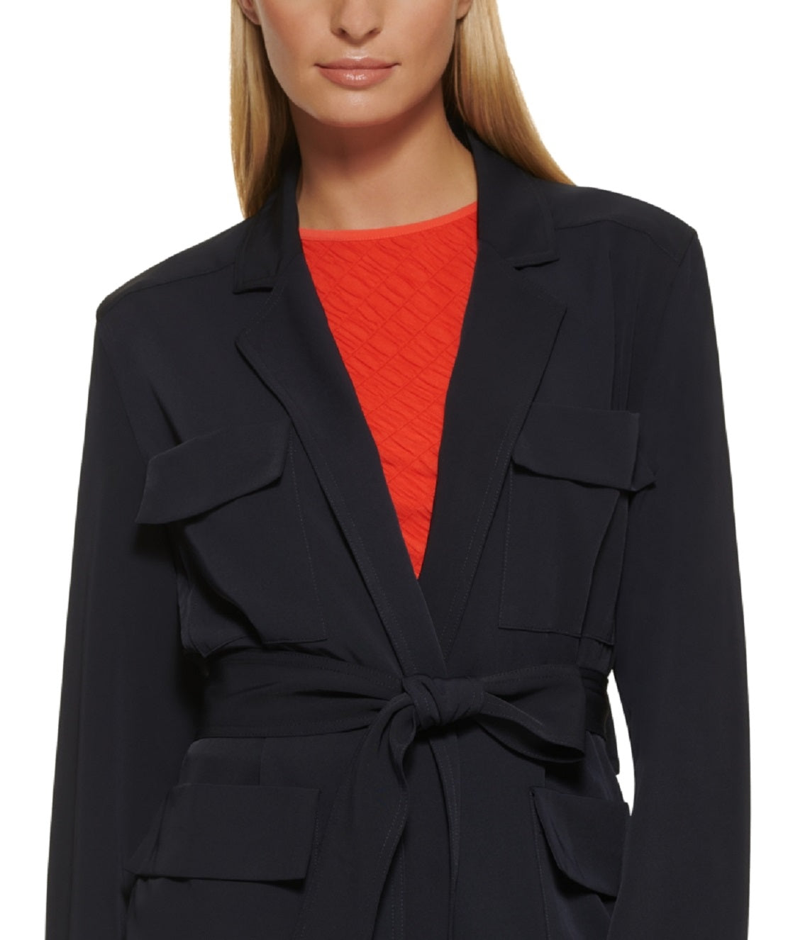 Blazer utilitário feminino DKNY com cinto, azul, tamanho médio