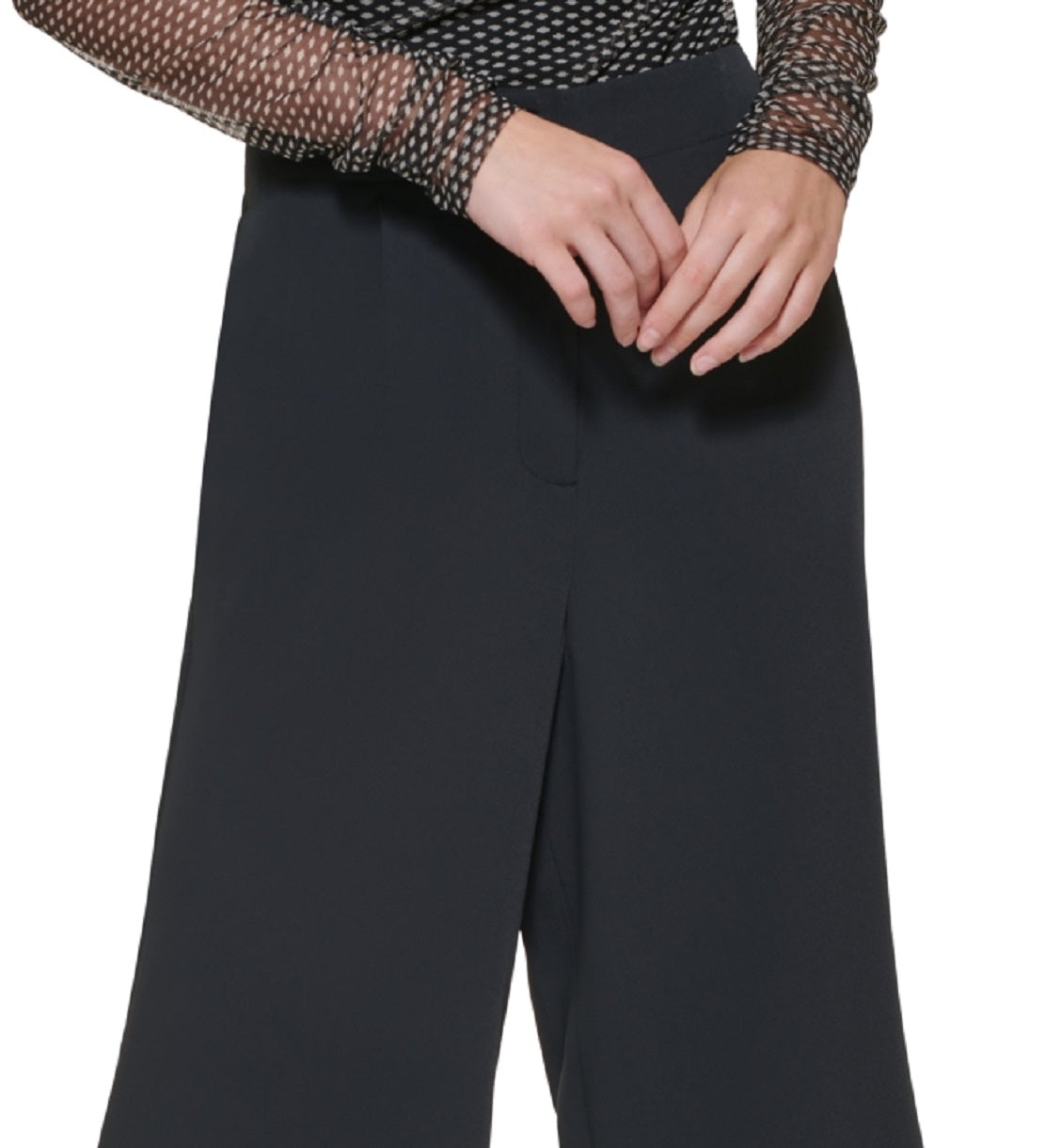 Calça feminina DKNY com bainha dividida e perna larga, preta