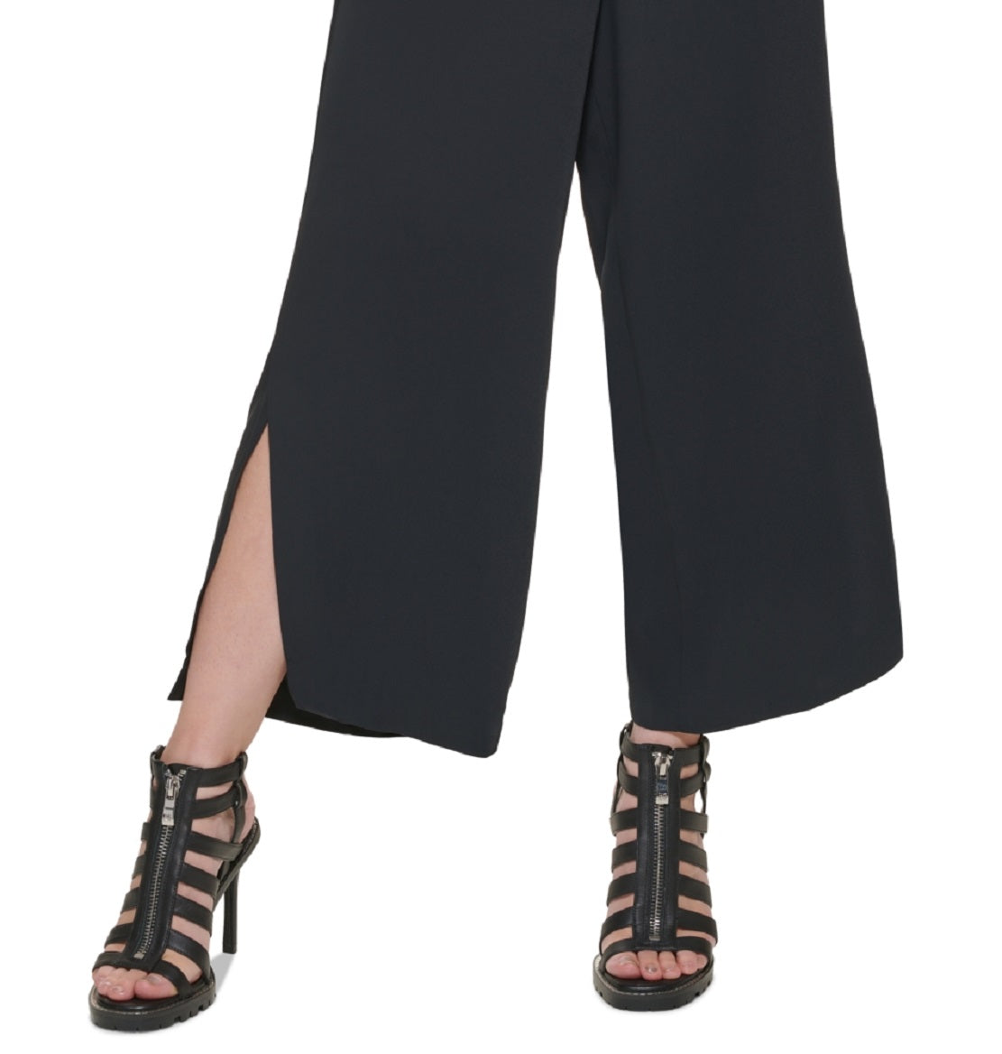 Calça feminina DKNY com bainha dividida e perna larga, preta