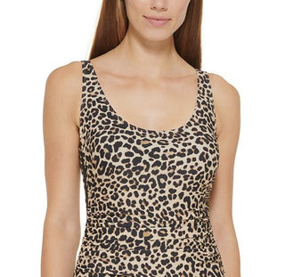 Maiô feminino DKNY com estampa animal e contraste franzido, marrom, tamanho 6