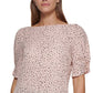 Blusa feminina estampada DKNY com manga cotovelo, rosa, tamanho extragrande