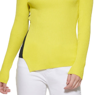 Suéter feminino DKNY com ombros contrastantes, amarelo, tamanho grande