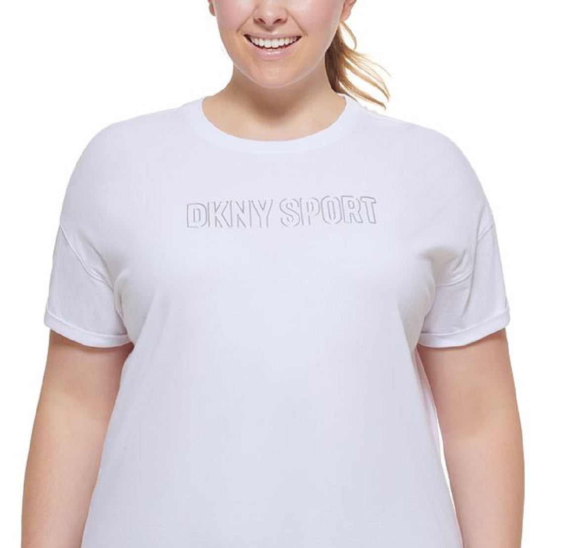 Camiseta feminina DKNY com logotipo de algodão, branca, tamanho 1X