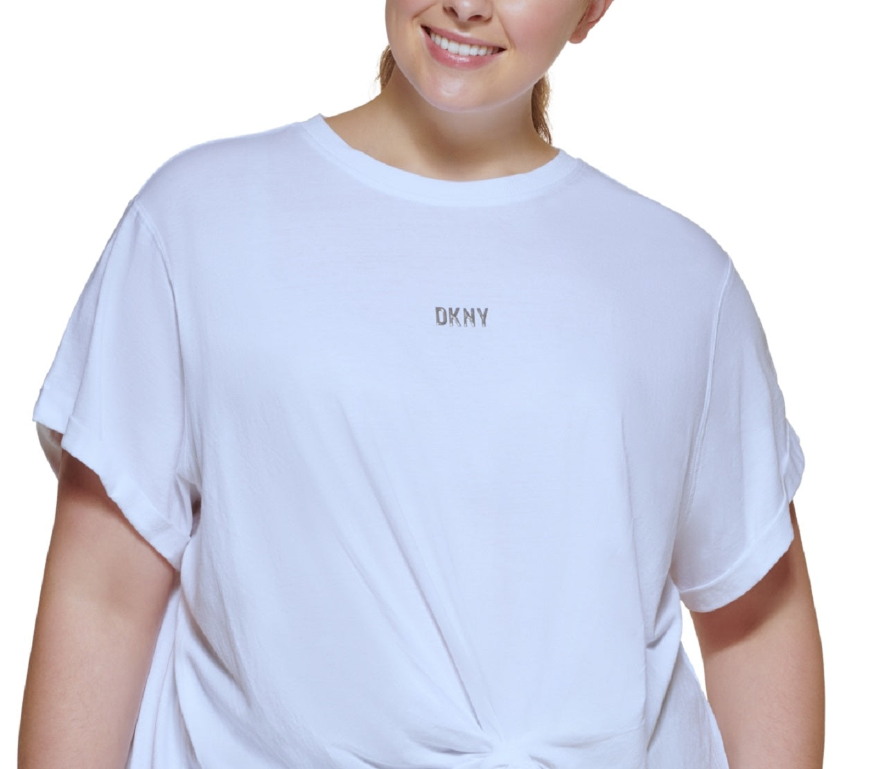 Camiseta feminina DKNY com logo metálico frontal e nó, branca, tamanho 1X