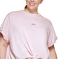 Camiseta feminina DKNY com logo metálico e nó frontal, rosa, tamanho 1X