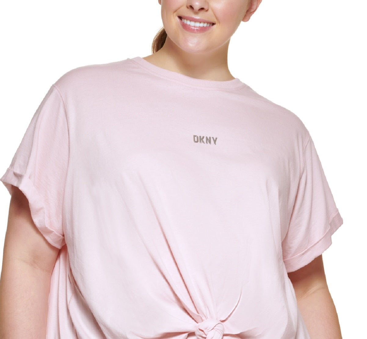 Camiseta feminina DKNY com logo metálico e nó frontal, rosa, tamanho 1X