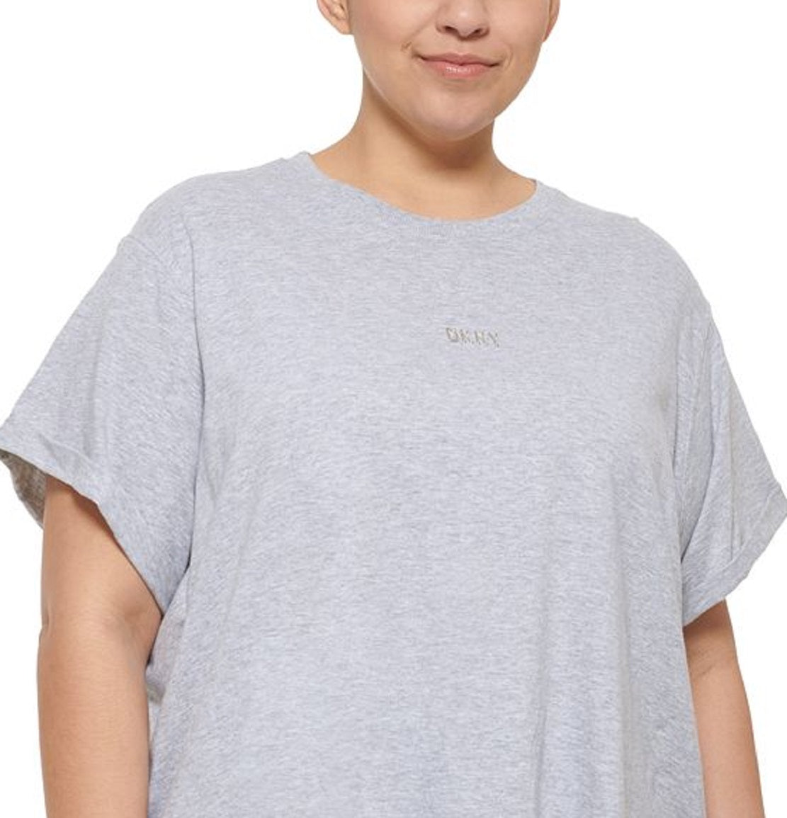 Camiseta feminina DKNY com logo metálico frontal e nó, cinza, tamanho 2X