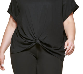 Camiseta feminina DKNY com logo metálico e nó frontal, preta, tamanho 2X