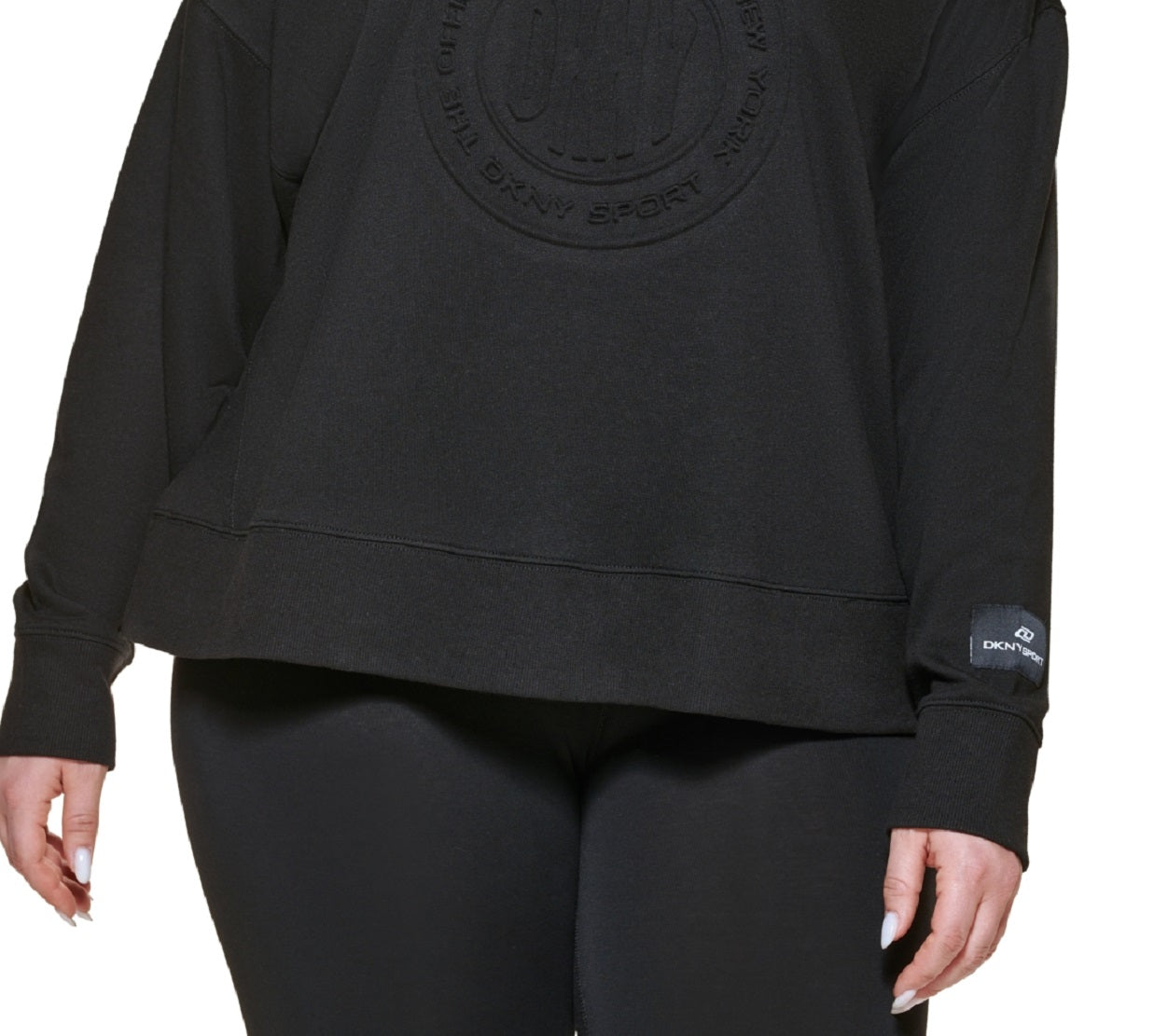 Moletom DKNY feminino com medalhão em relevo, preto, tamanho 3X