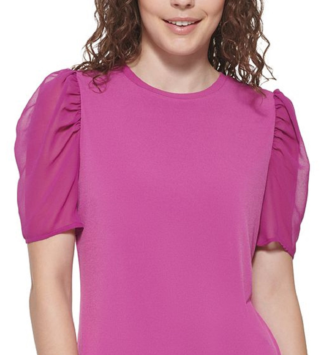 Blusa feminina DKNY com manga bufante e estampa de mídia mista, roxa, tamanho médio