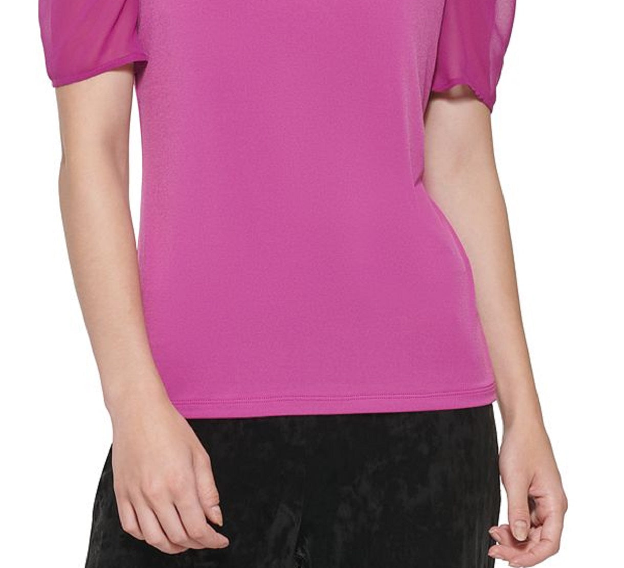 Blusa feminina DKNY com manga bufante e estampa de mídia mista, roxa, tamanho médio