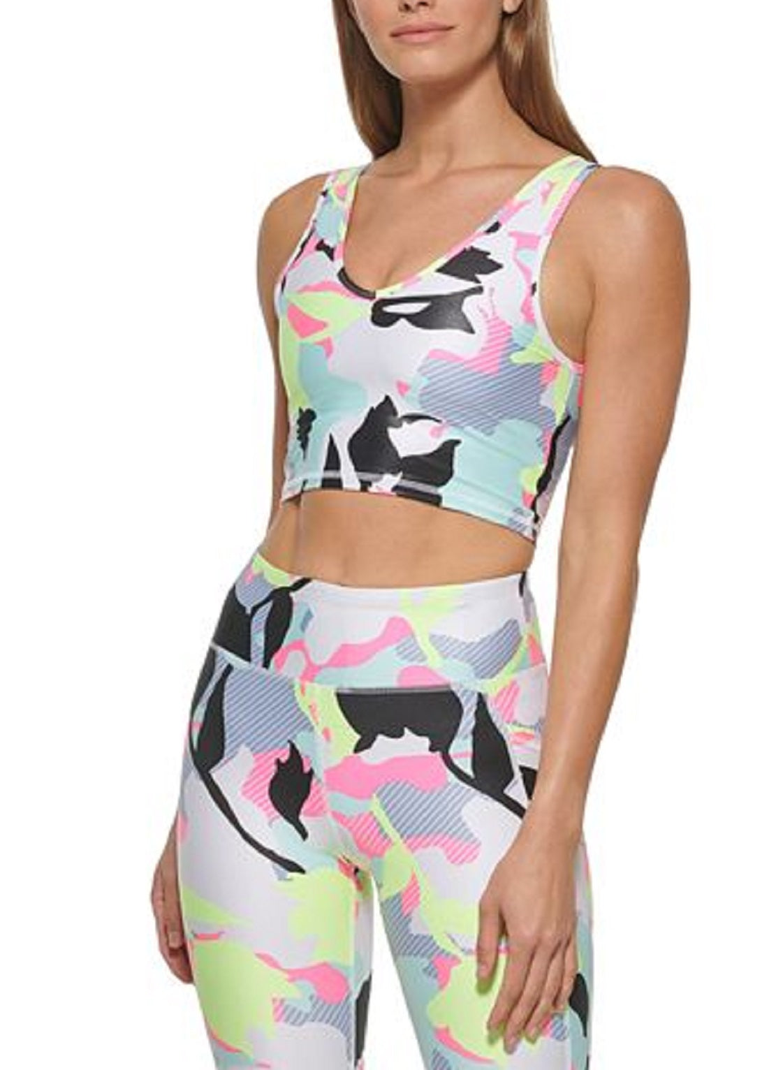 Leggings femininas DKNY camufladas com estampa floral 7/8, tamanho pequeno, azul