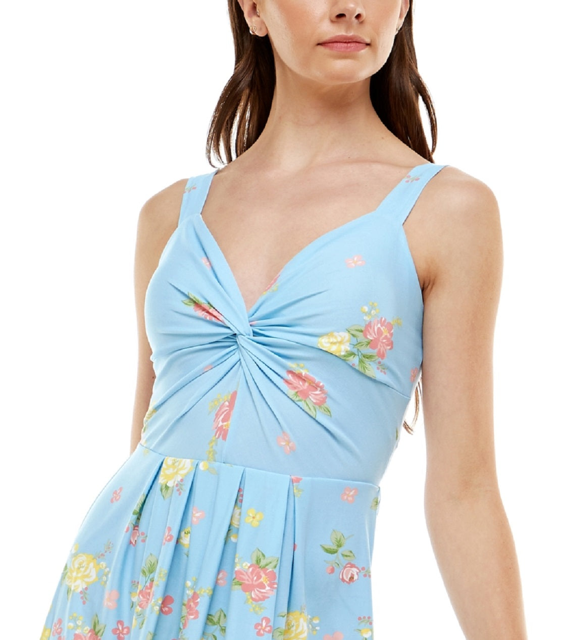 Vestido Planet Gold Junior com estampa floral, ajuste e flare, azul, tamanho grande