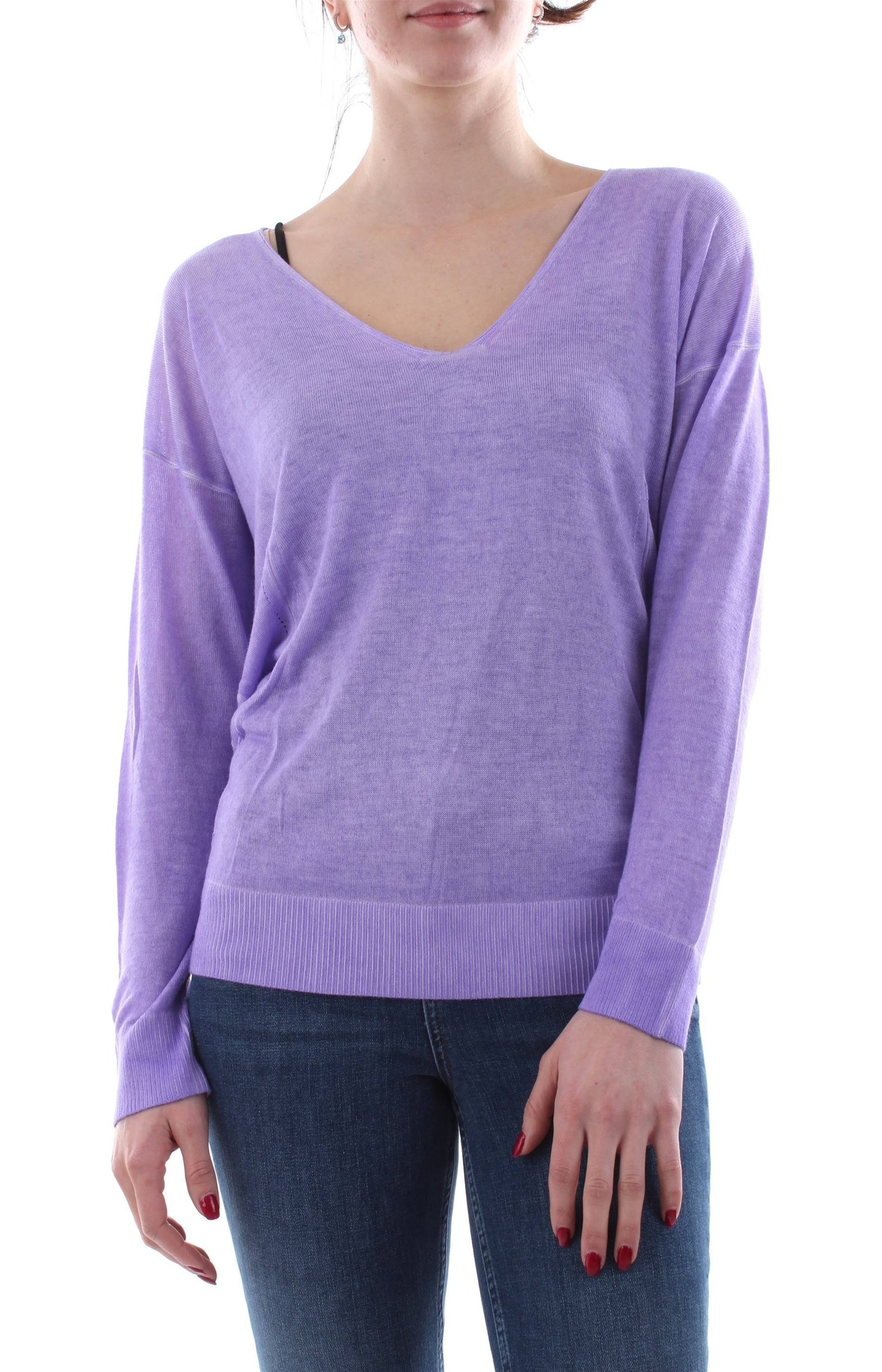 Suéter feminino GUESS com decote em V e ombros caídos, canelado, roxo, tamanho extragrande