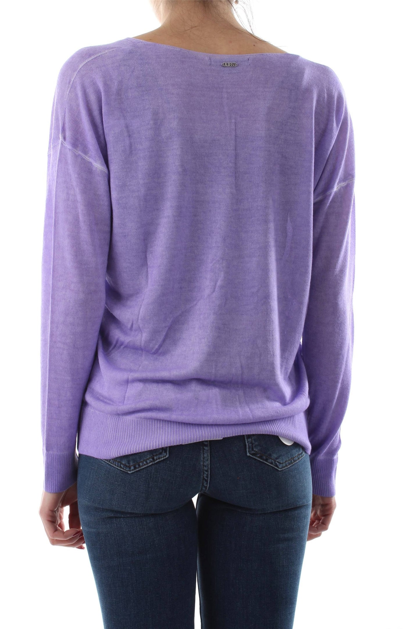 Suéter feminino GUESS com decote em V e ombros caídos, canelado, roxo, tamanho extragrande