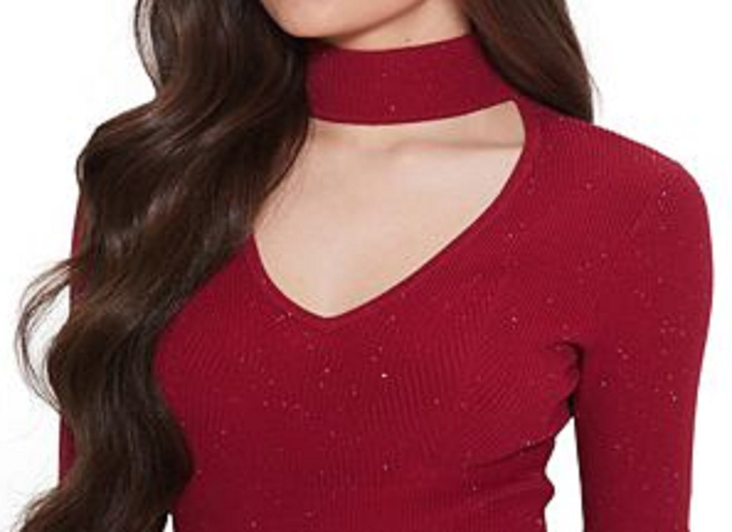 Suéter feminino GUESS Lea Cutout com lantejoulas e manga 3/4 canelada, vermelho, tamanho pequeno