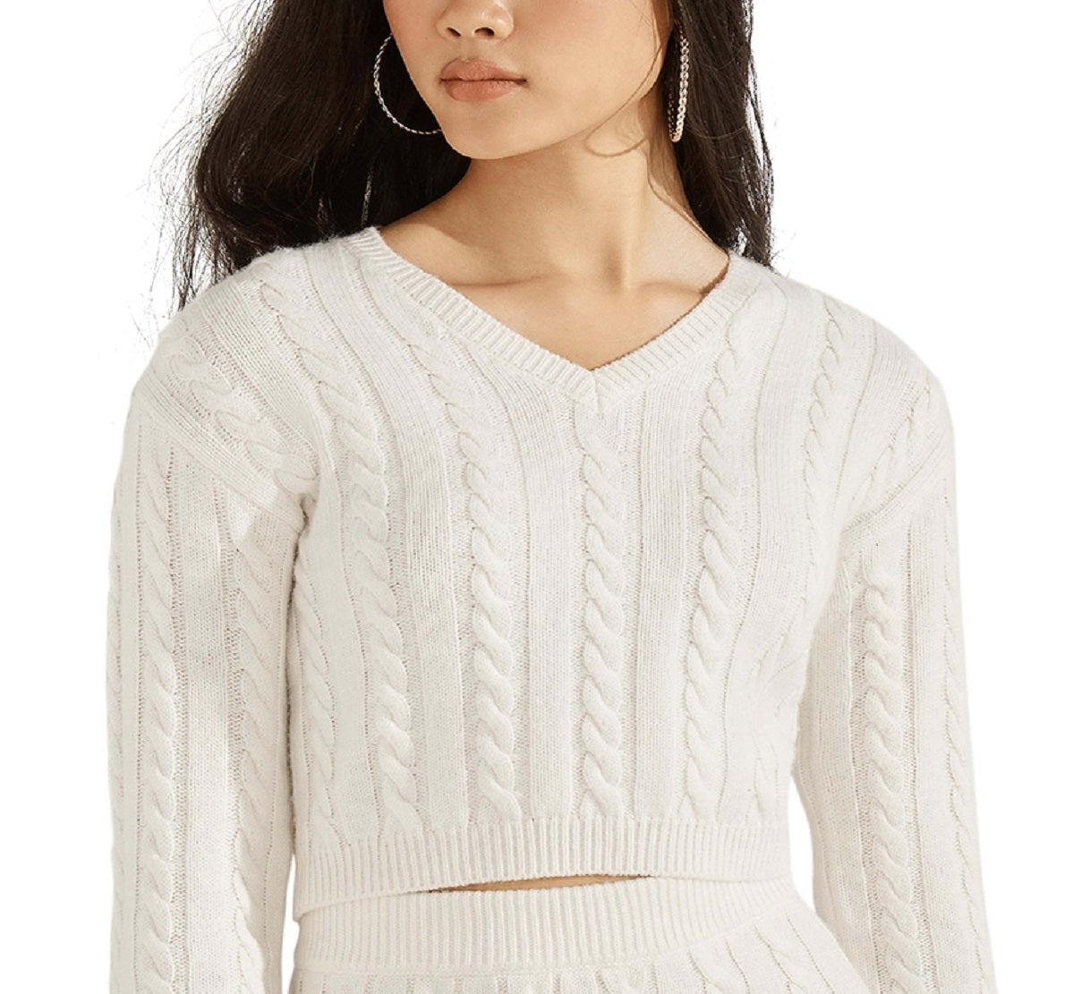 Suéter curto de malha trançada Dora Cable Knit GUESS feminino, branco, tamanho X-S