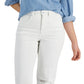 Calça jeans feminina estilo mom jeans reta destruída, branca, tamanho 14
