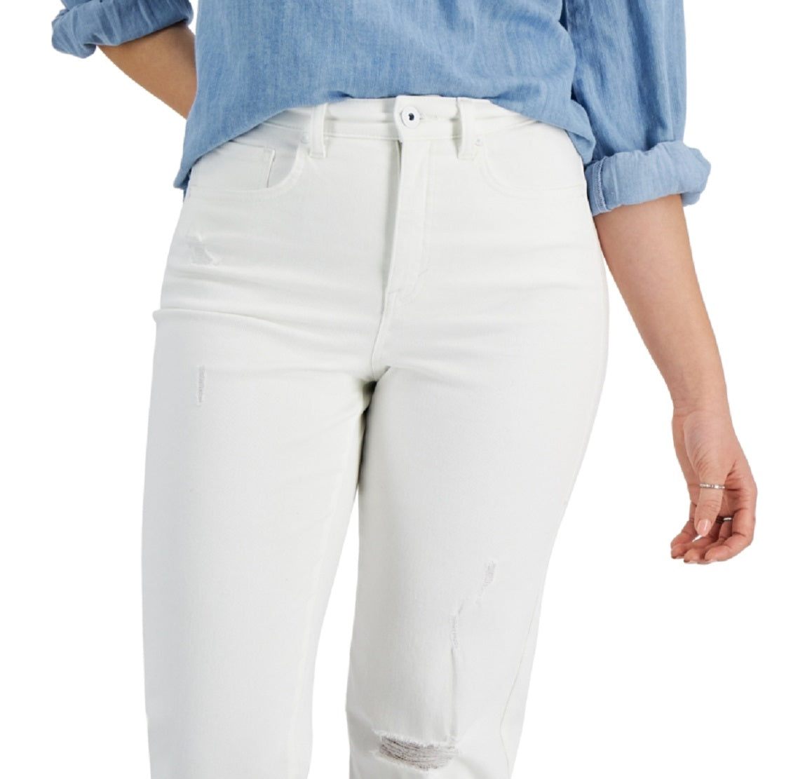 Calça jeans feminina estilo mom jeans reta destruída, branca, tamanho 14