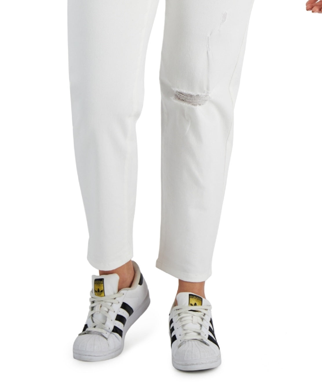 Calça jeans feminina estilo mom jeans reta destruída, branca, tamanho 14