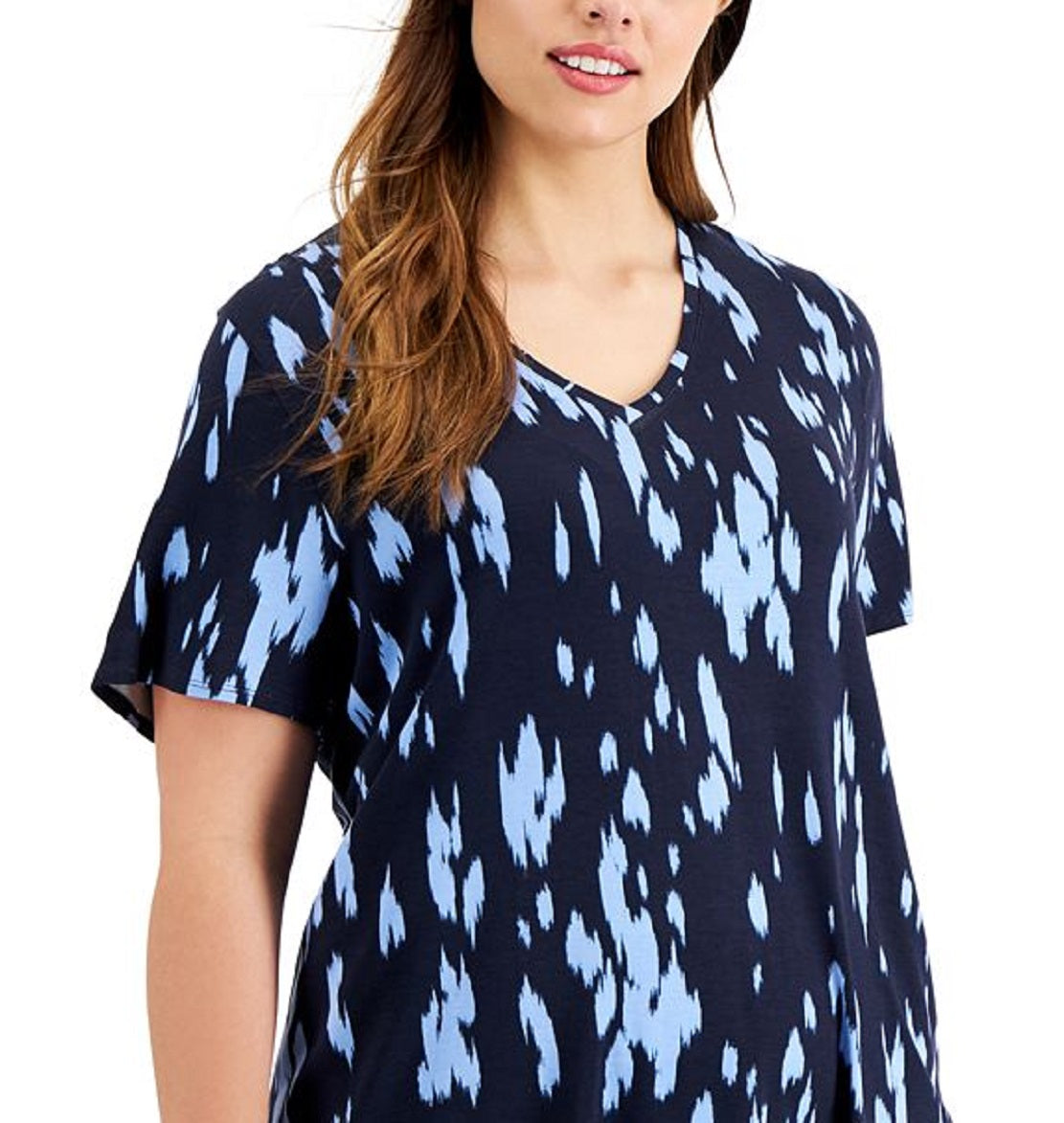 Camiseta feminina estampada com decote em V Alfani, azul, tamanho 0X