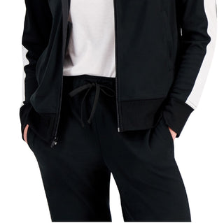 ID Ideology Jaqueta de corrida feminina com zíper e manga listrada, preta, tamanho XX-G