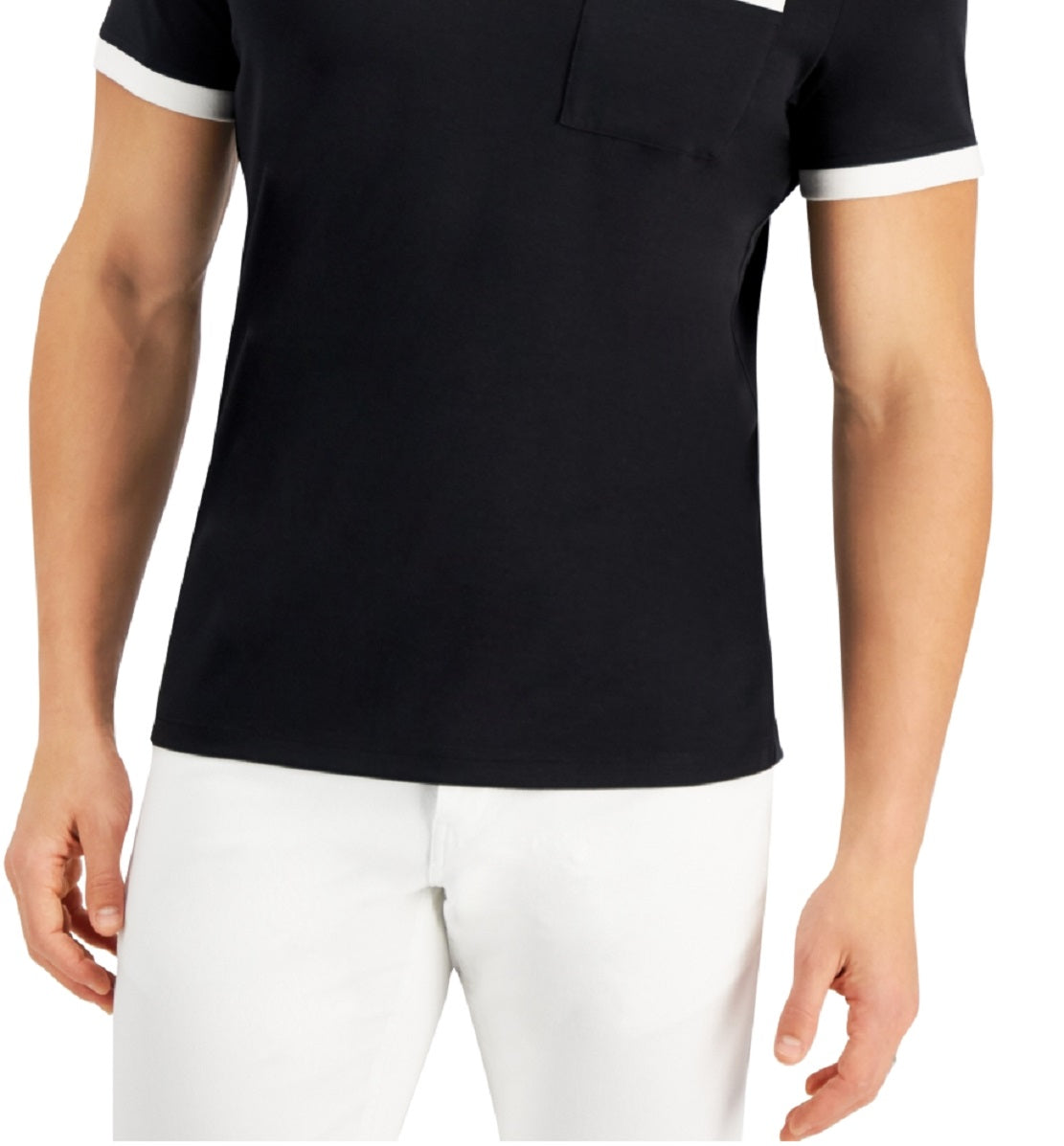 Camiseta masculina Alfani com bolso contrastante, preta, tamanho médio
