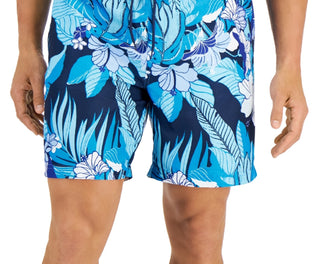 Calções de banho masculinos com estampa floral tropical, tamanho GG, azul, 7