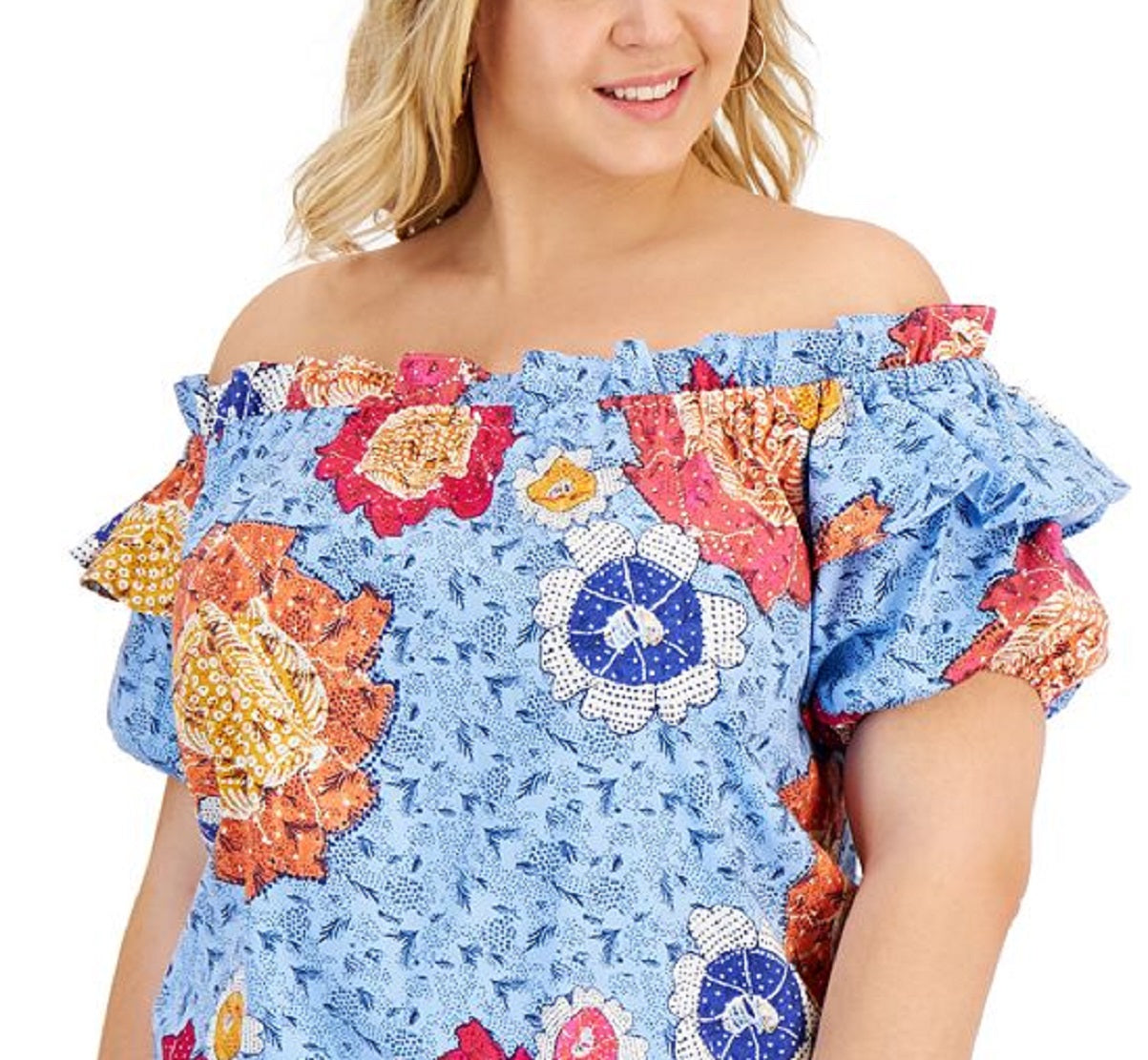 Blusa feminina de algodão ombro a ombro INC International Concepts, azul, tamanho 4X