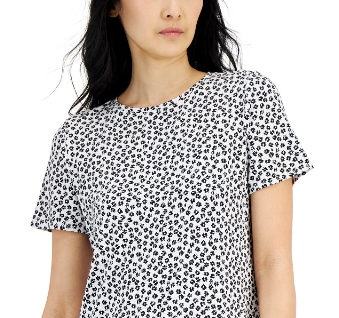 Camiseta feminina estampada Alfani, gola redonda, preta, tamanho pequeno