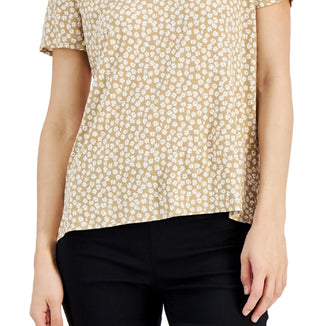 Camiseta feminina estampada Alfani com decote em V, marrom, tamanho extragrande