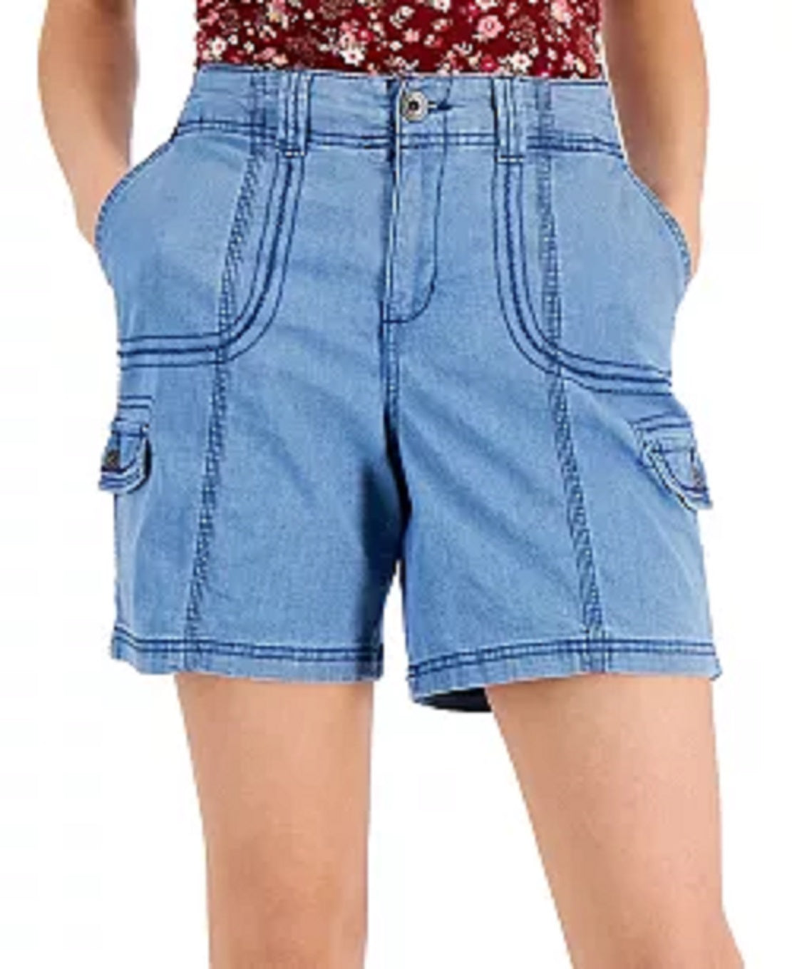Shorts femininos estilo &amp; co, azul, com pespontos, tamanho 10, pequeno